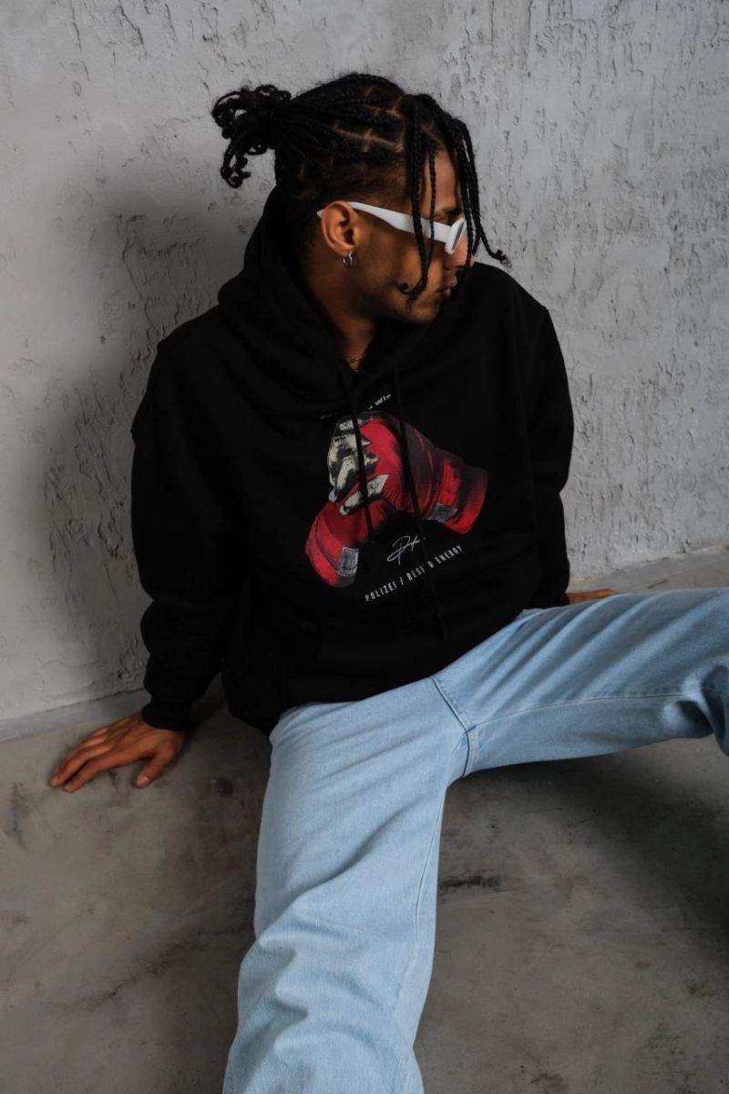 Erkek Kapüşonlu Cepli Box Eldiven Baskılı 3 İplik Sweatshirt Hoodie - Siyah