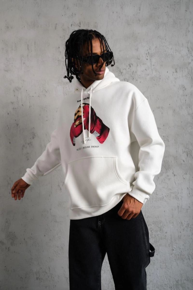 Erkek Kapüşonlu Cepli Boks Eldiven Baskılı 3 İplik Sweatshirt Hoodie - Beyaz