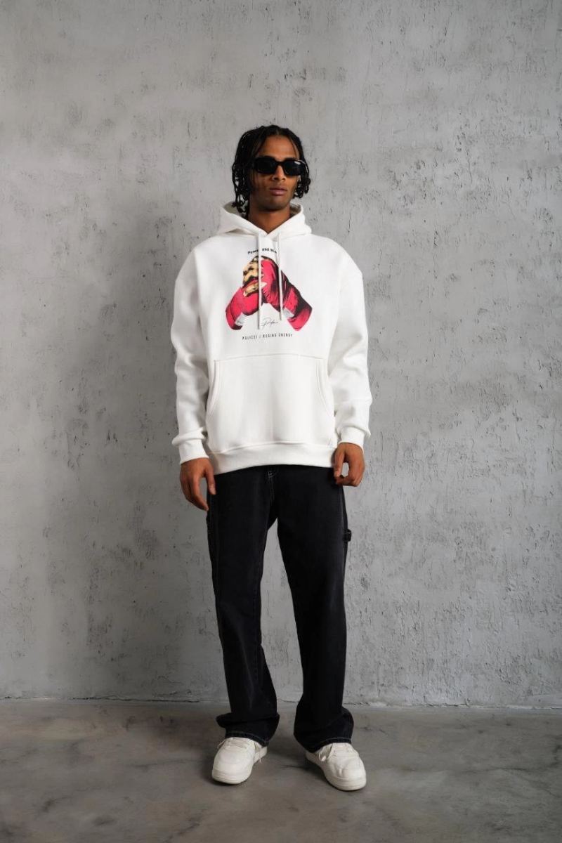 Erkek Kapüşonlu Cepli Boks Eldiven Baskılı 3 İplik Sweatshirt Hoodie - Beyaz
