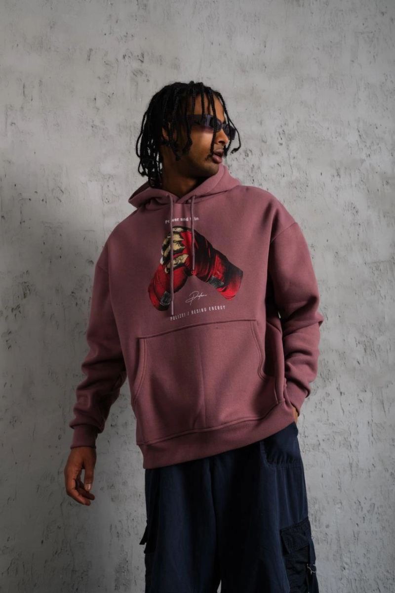 Erkek Kapüşonlu Cepli Box Eldiven Baskılı 3 İplik Sweatshirt Hoodie - Gül Kurusu