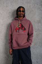Erkek Kapüşonlu Cepli Box Eldiven Baskılı 3 İplik Sweatshirt Hoodie - Gül Kurusu