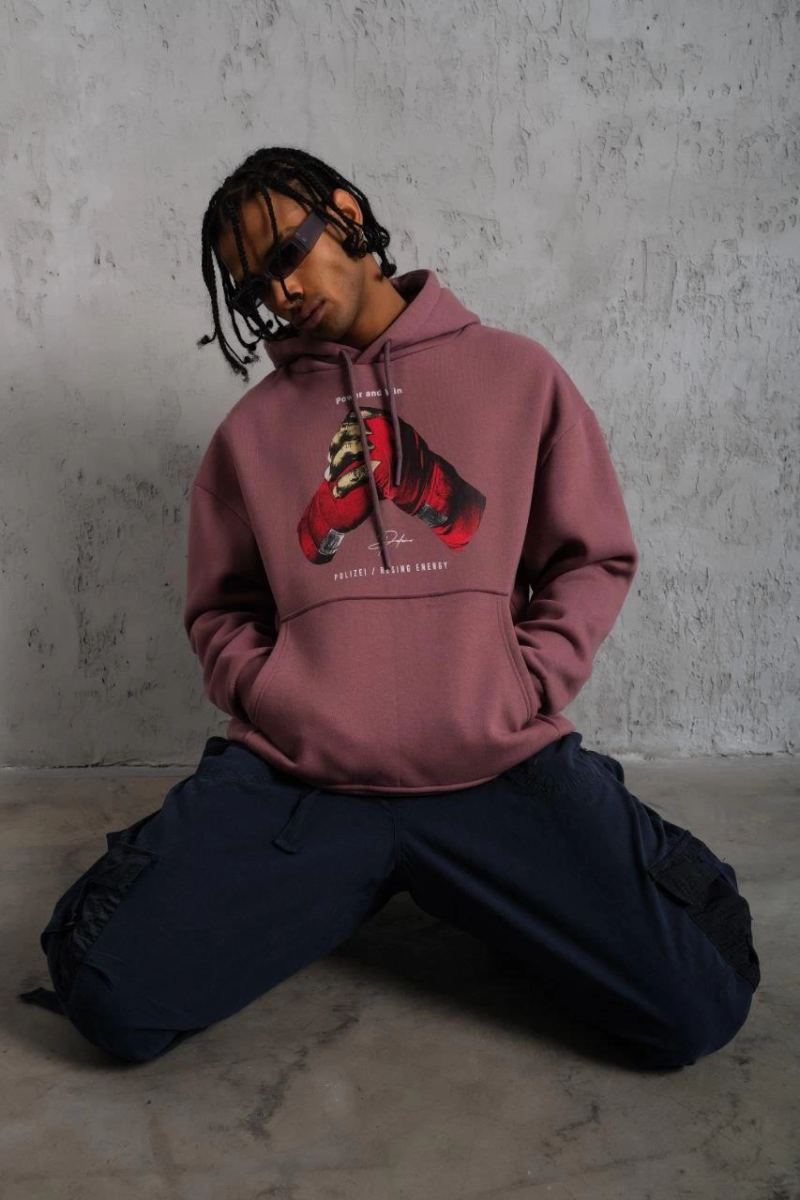 Erkek Kapüşonlu Cepli Box Eldiven Baskılı 3 İplik Sweatshirt Hoodie - Gül Kurusu