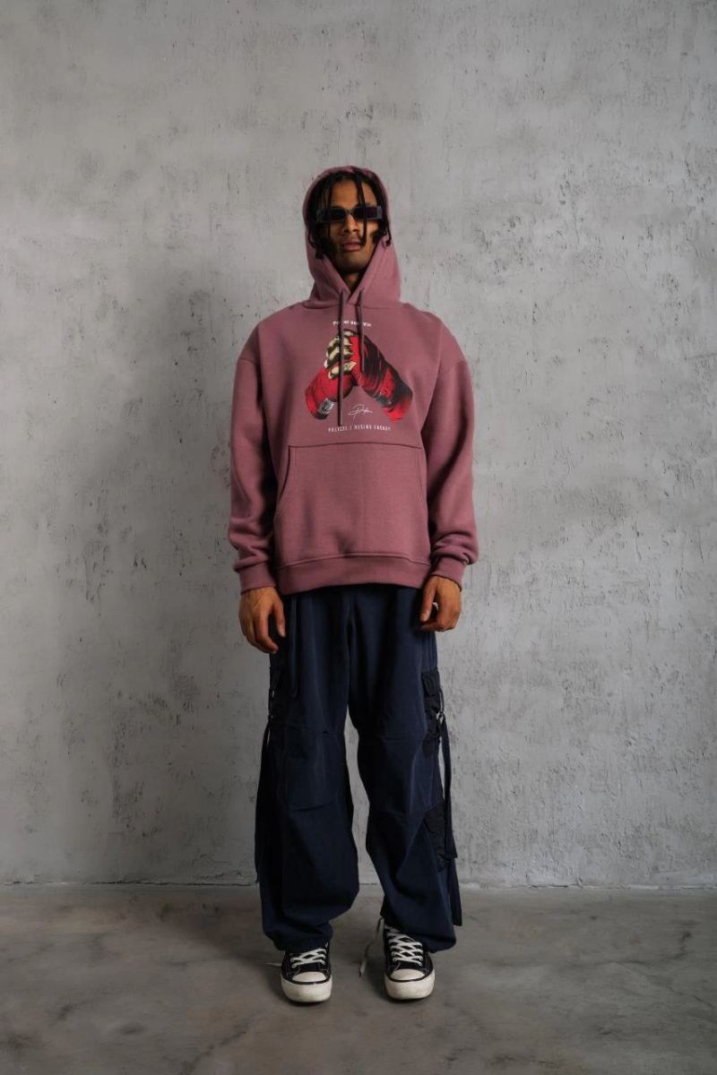 Erkek Kapüşonlu Cepli Box Eldiven Baskılı 3 İplik Sweatshirt Hoodie - Gül Kurusu