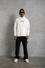 Erkek 3 İplik Pamuklu Kapüşonlu Baskılı Cepli Oversize Sweatshirt Hoodie - Beyaz