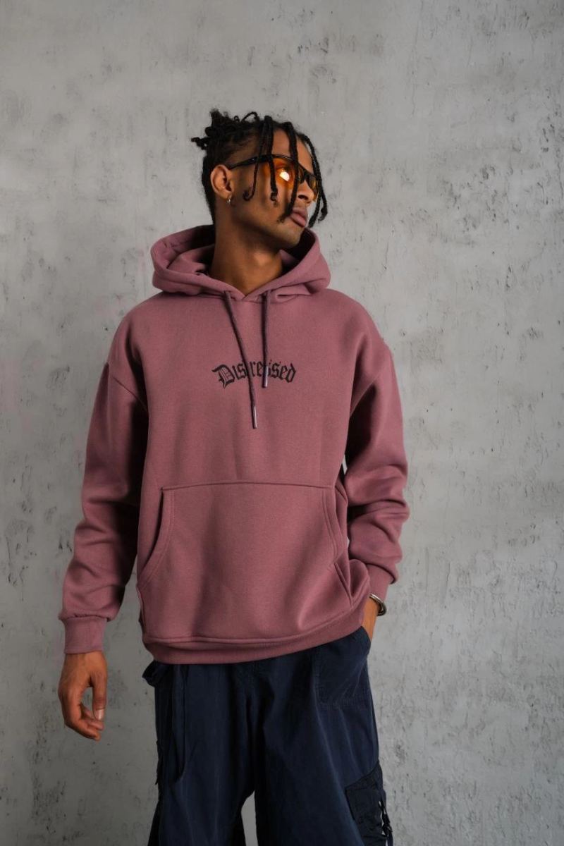 Erkek 3 İplik Pamuklu Kapüşonlu Kanguru Cepli Sweatshirt Hoodie - Gül Kurusu