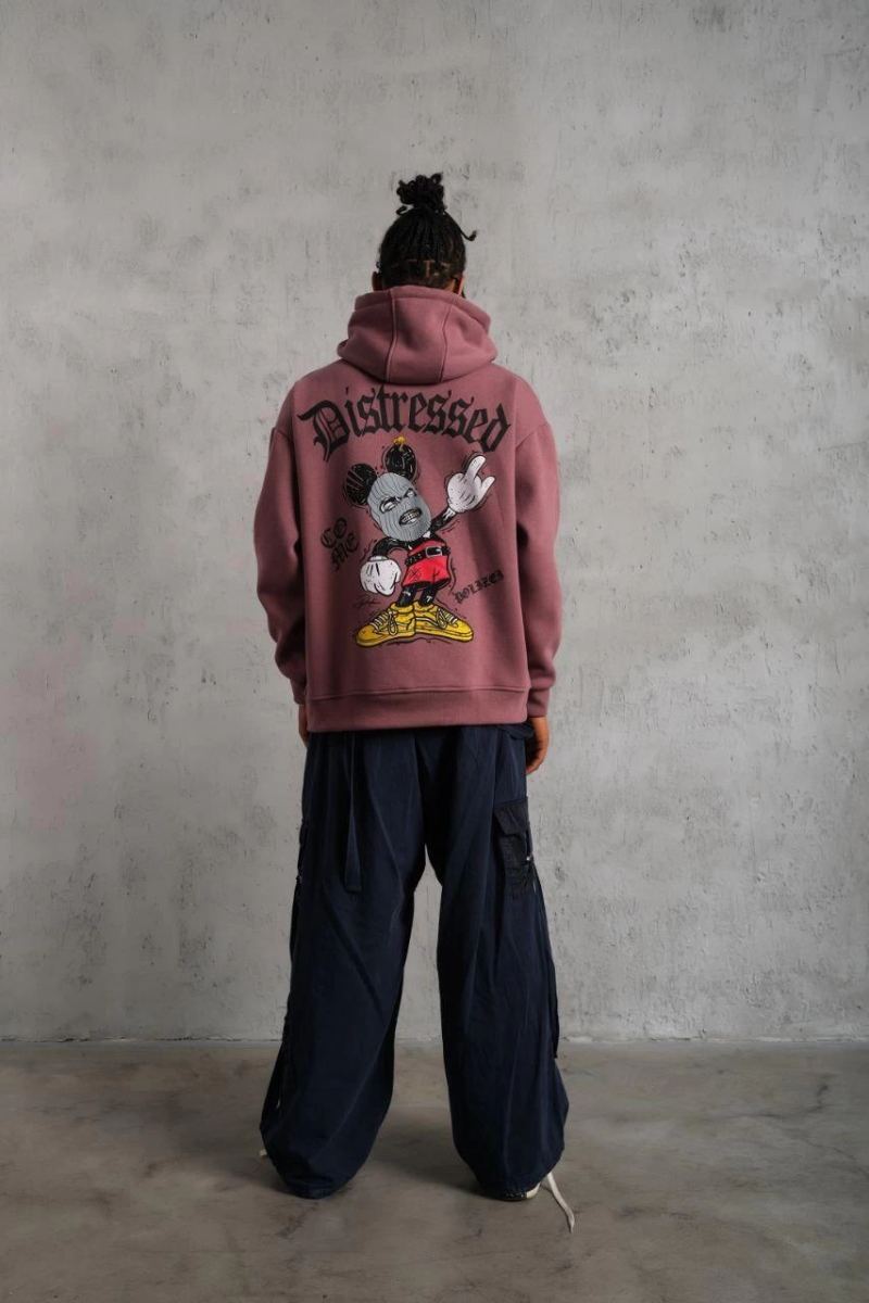 Erkek 3 İplik Pamuklu Kapüşonlu Kanguru Cepli Sweatshirt Hoodie - Gül Kurusu
