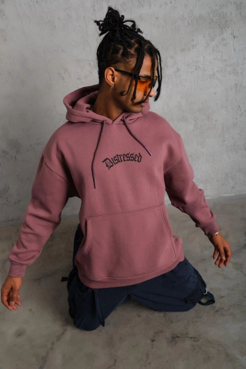 Erkek 3 İplik Pamuklu Kapüşonlu Kanguru Cepli Sweatshirt Hoodie - Gül Kurusu