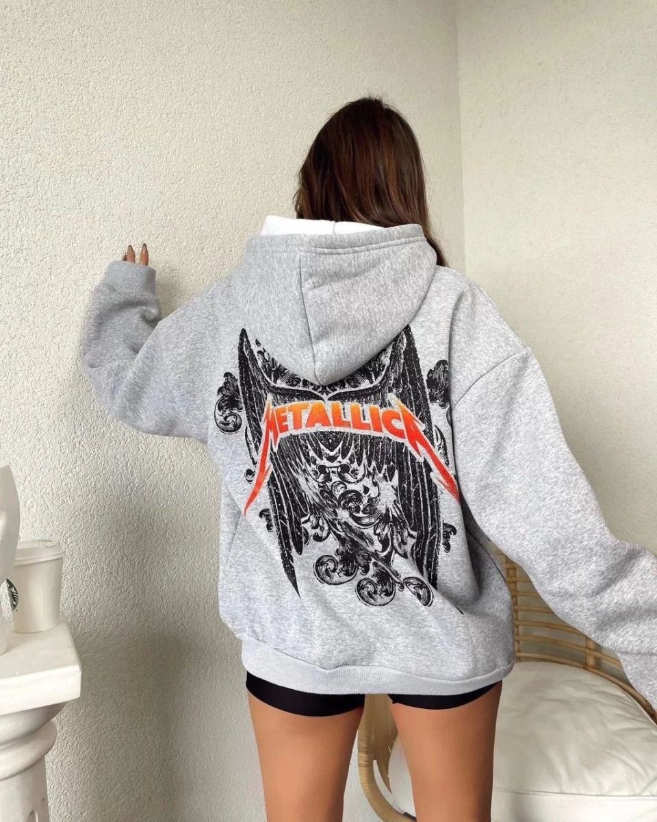 Kadın 2 İplik METALLICA Baskılı Kapüşonlu Sweatshirt Hoodie - Gri