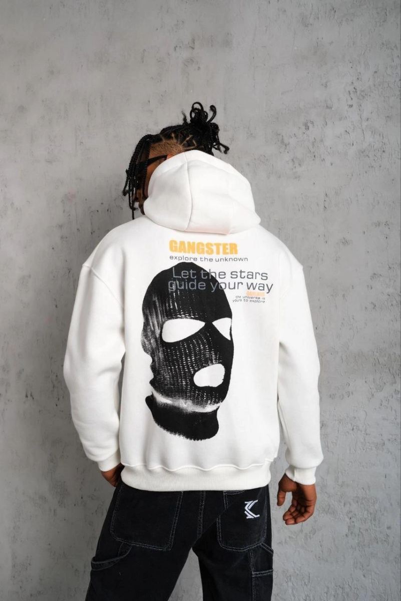 Erkek Maske Baskılı 3 iplik pamuklu Kapüşonlu Sweatshirt hoodie - Beyaz
