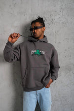 Erkek 3 İplik Pamuklu Kapüşonlu Baskılı Cepli Oversize Sweatshirt Hoodie - Gri