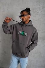 Erkek 3 İplik Pamuklu Kapüşonlu Baskılı Cepli Oversize Sweatshirt Hoodie - Gri