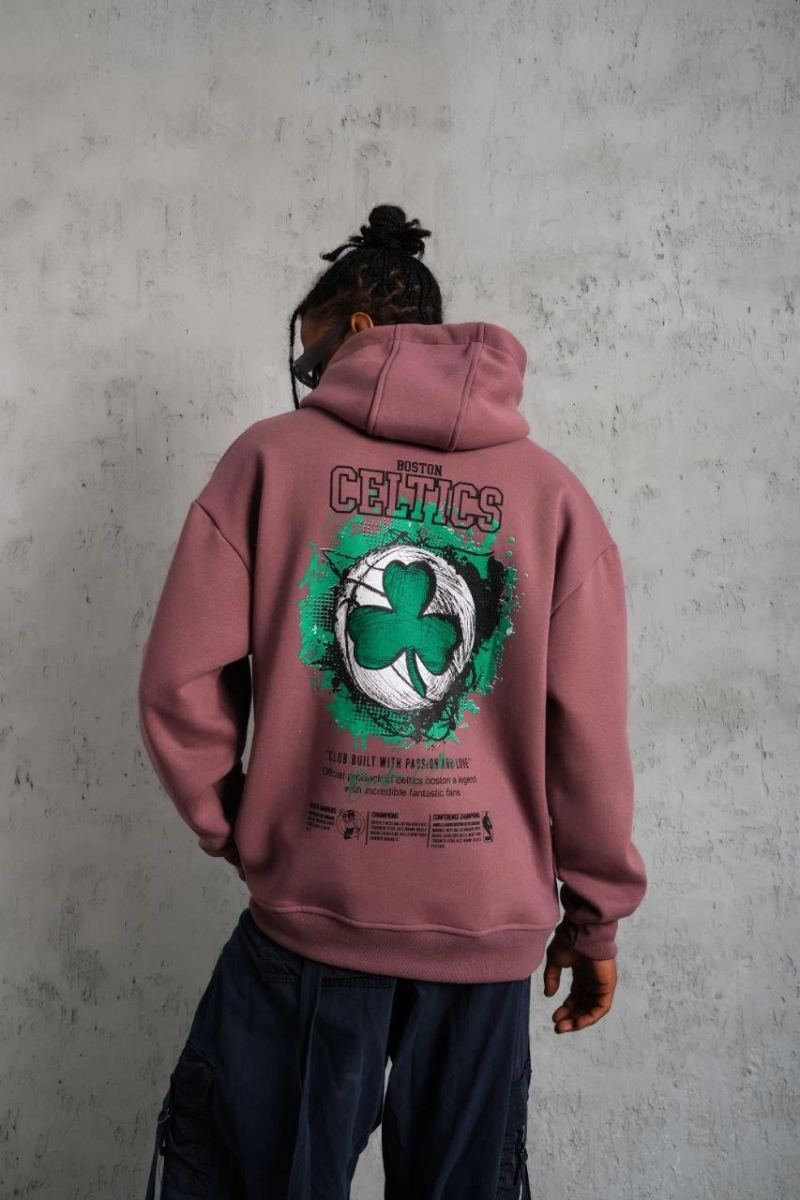Erkek 3 İplik Pamuklu Kapüşonlu Baskılı Cepli Sweatshirt Hoodie - Gül Kurusu
