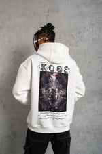 Erkek 3 İplik Pamuklu Kapüşonlu Baskılı Cepli Oversize Sweatshirt Hoodie - Beyaz