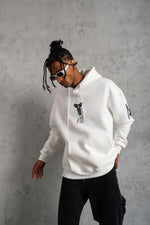 Erkek 3 İplik Pamuklu Kapüşonlu Baskılı Cepli Oversize Sweatshirt Hoodie - Beyaz