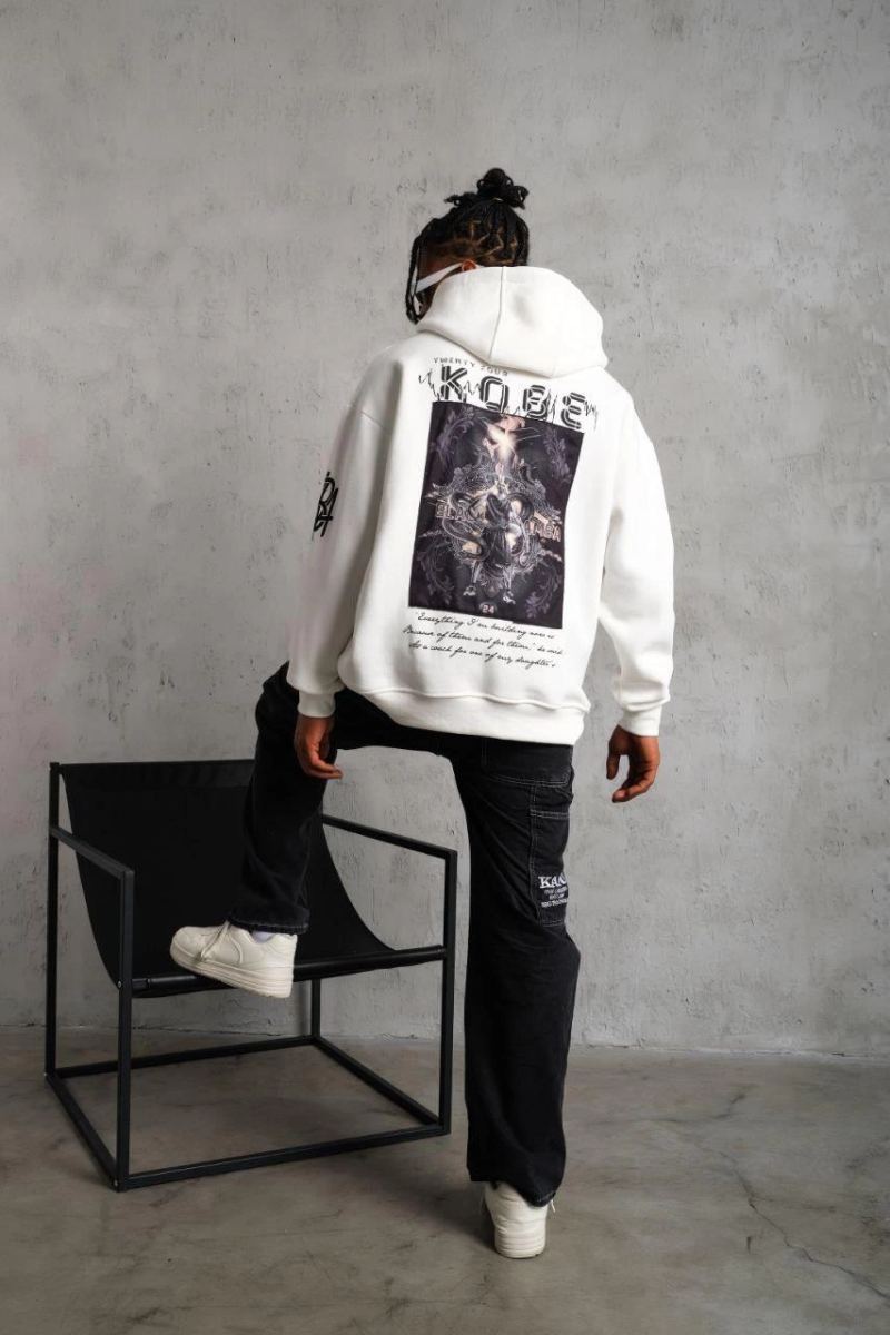Erkek 3 İplik Pamuklu Kapüşonlu Baskılı Cepli Oversize Sweatshirt Hoodie - Beyaz