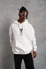Erkek 3 İplik Pamuklu Kapüşonlu Baskılı Cepli Oversize Sweatshirt Hoodie - Beyaz