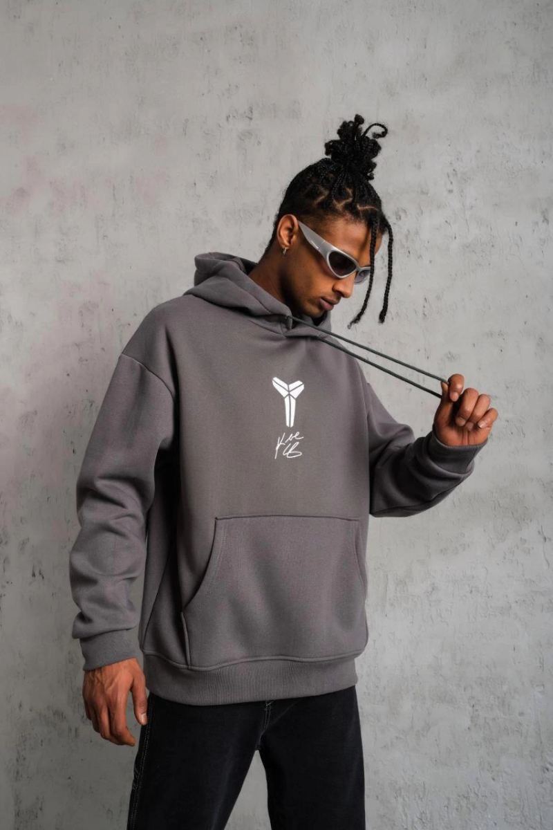 Erkek Baskılı Kapüşonlu 3 iplik pamuklu Hoodie Sweatshirt - Gri