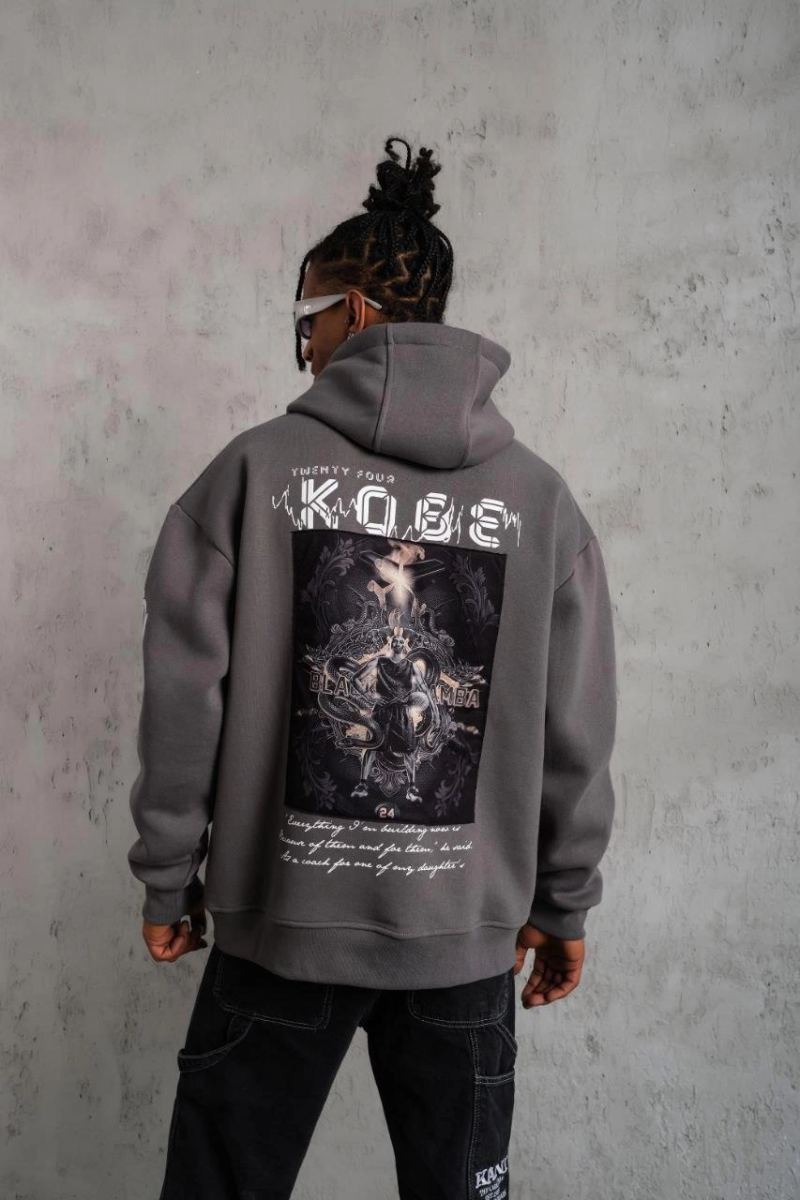 Erkek Baskılı Kapüşonlu 3 iplik pamuklu Hoodie Sweatshirt - Gri