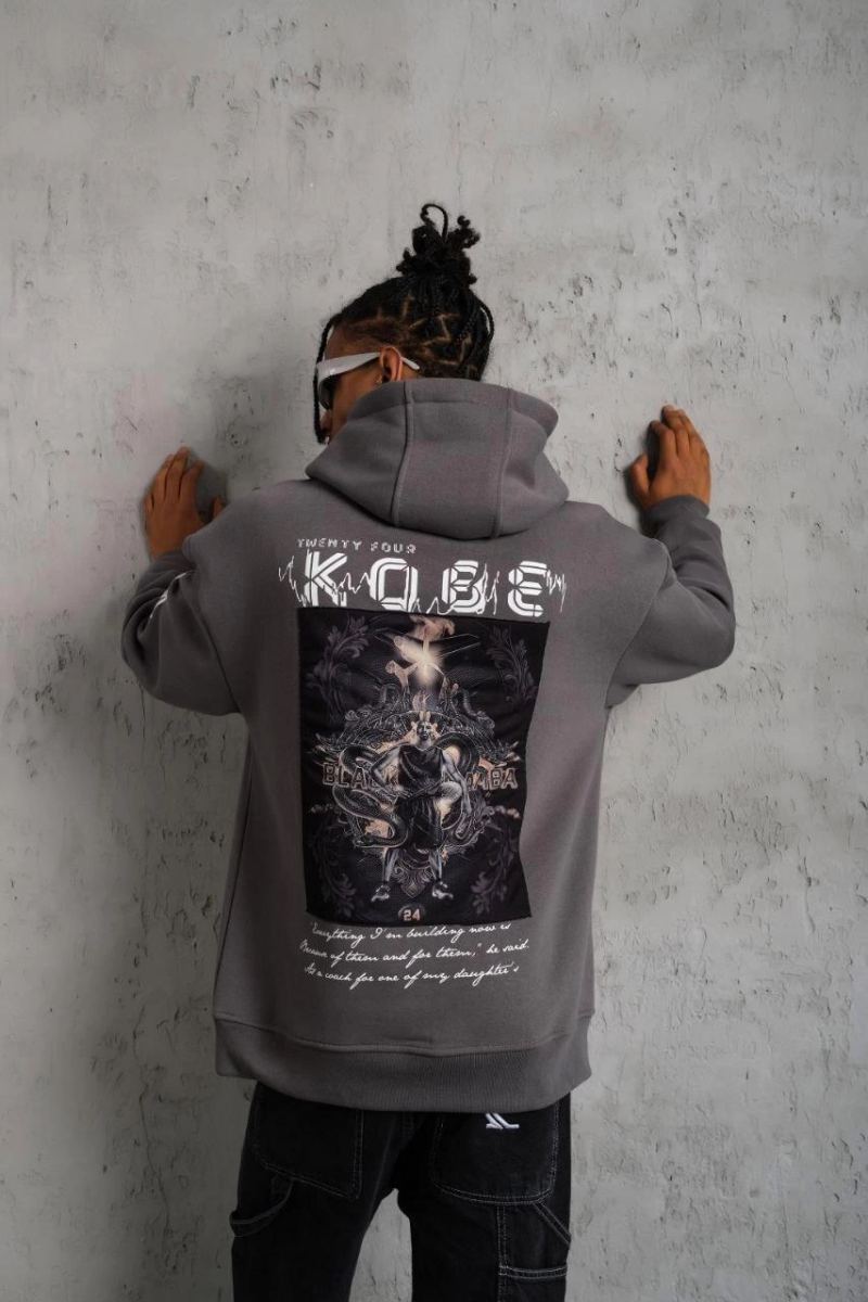 Erkek Baskılı Kapüşonlu 3 iplik pamuklu Hoodie Sweatshirt - Gri