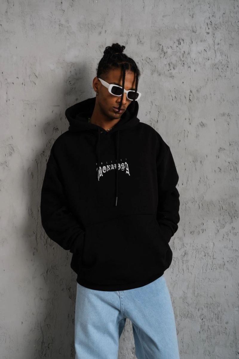 Erkek Baskılı Kapüşonlu ve Kanguru Cepli Sweatshirt hoodie- Siyah
