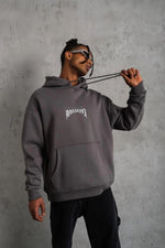 Erkek 3 İplik Pamuklu Kapüşonlu Baskılı Cepli Oversize Sweatshirt Hoodie - Gri