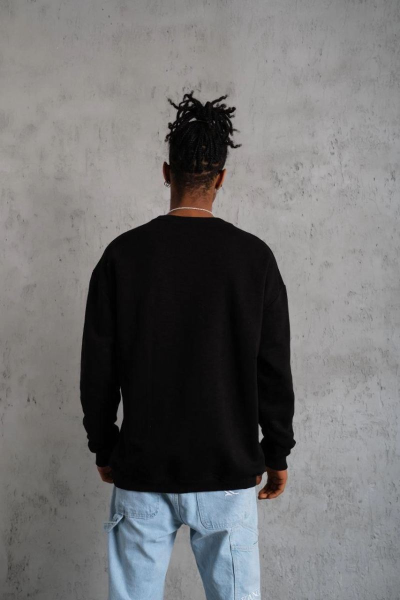 Erkek Bisiklet Yaka Baskılı 3 İplik Pamuklu Sweatshirt -  Siyah