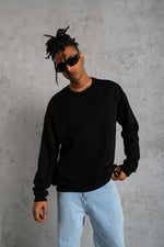 Erkek Bisiklet Yaka Baskılı 3 İplik Pamuklu Sweatshirt -  Siyah