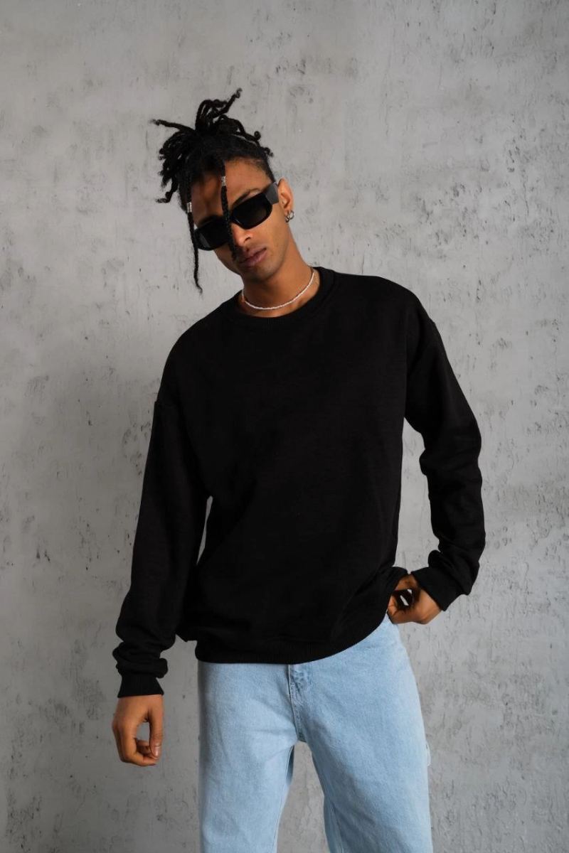 Erkek Bisiklet Yaka Baskılı 3 İplik Pamuklu Sweatshirt -  Siyah