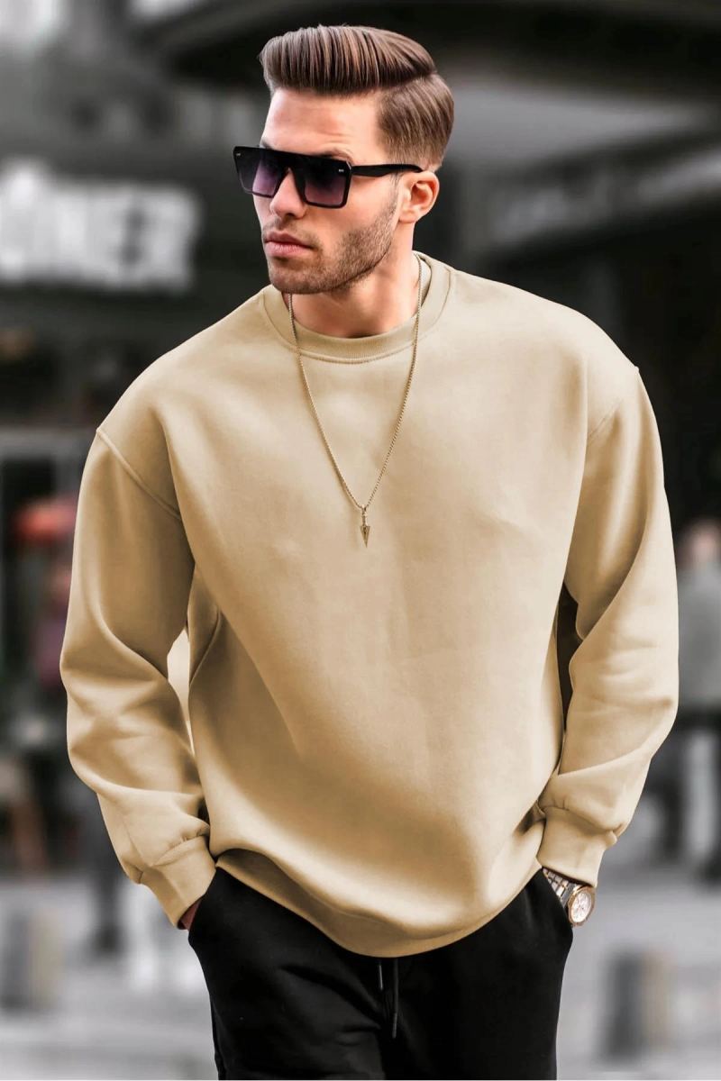 Erkek Düz Bisiklet Yaka 3 iplik pamuklu Sweatshirt - Bej