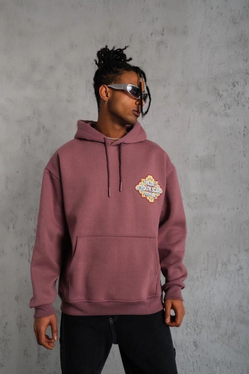 Erkek 3 İplik Pamuklu Kapüşonlu Baskılı Cepli Sweatshirt Hoodie - Gül Kurusu