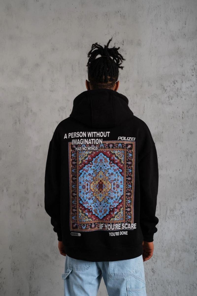 Erkek 3 İplik Pamuklu Kapüşonlu Baskılı Cepli Oversize Sweatshirt Hoodie - Siyah