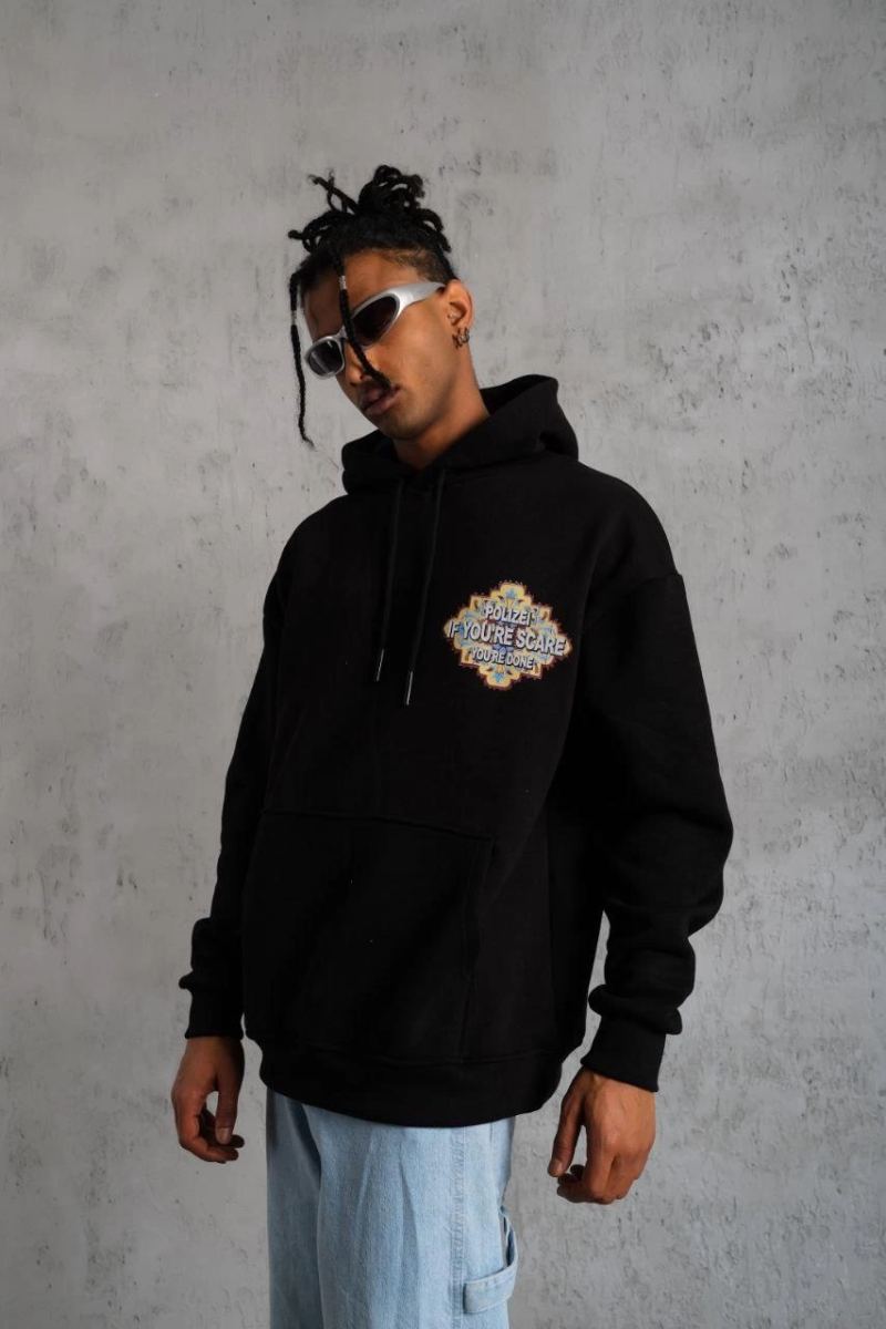 Erkek 3 İplik Pamuklu Kapüşonlu Baskılı Cepli Oversize Sweatshirt Hoodie - Siyah