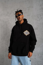 Erkek 3 İplik Pamuklu Kapüşonlu Baskılı Cepli Oversize Sweatshirt Hoodie - Siyah