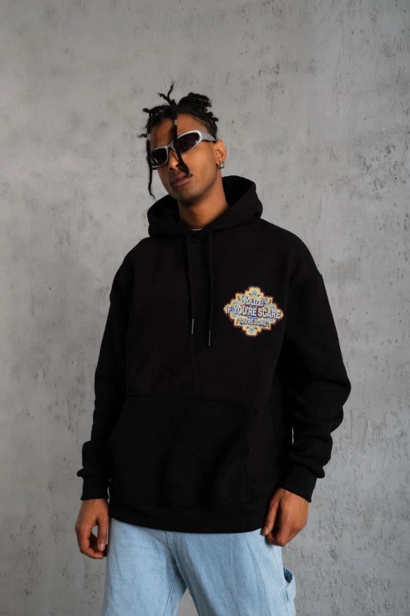 Erkek 3 İplik Pamuklu Kapüşonlu Baskılı Cepli Oversize Sweatshirt Hoodie - Siyah