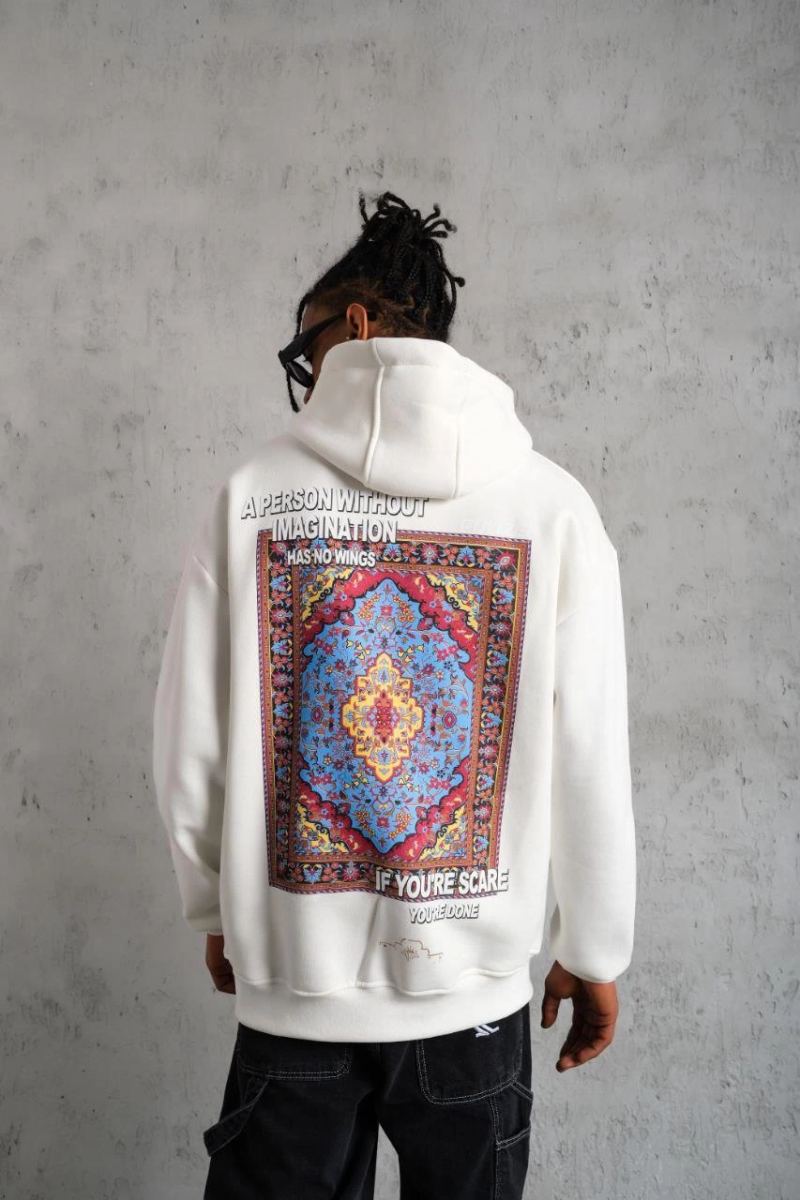Erkek 3 İplik Pamuklu Kapüşonlu Baskılı Cepli Oversize Sweatshirt Hoodie - Beyaz