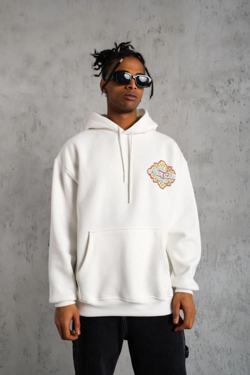 Erkek 3 İplik Pamuklu Kapüşonlu Baskılı Cepli Oversize Sweatshirt Hoodie - Beyaz