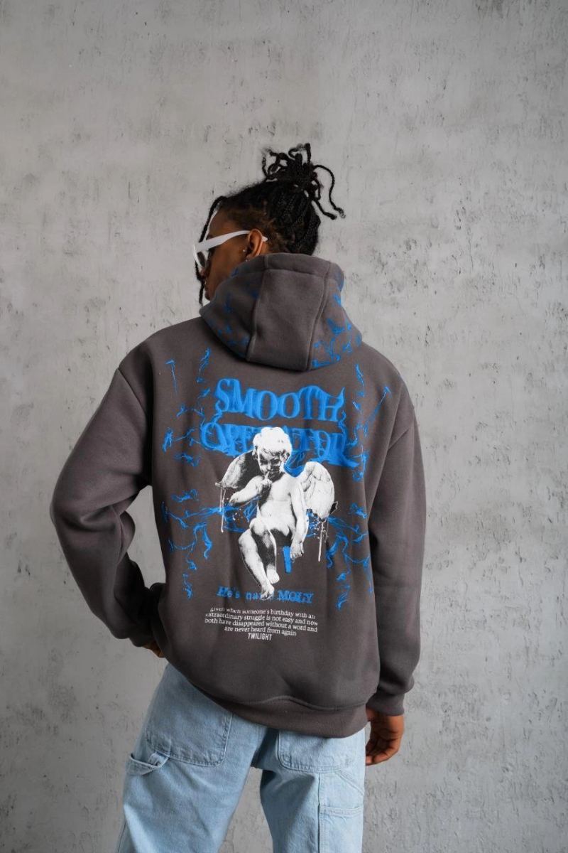 Erkek 3 İplik Pamuklu Kapüşonlu Baskılı Cepli Oversize Sweatshirt Hoodie - Gri