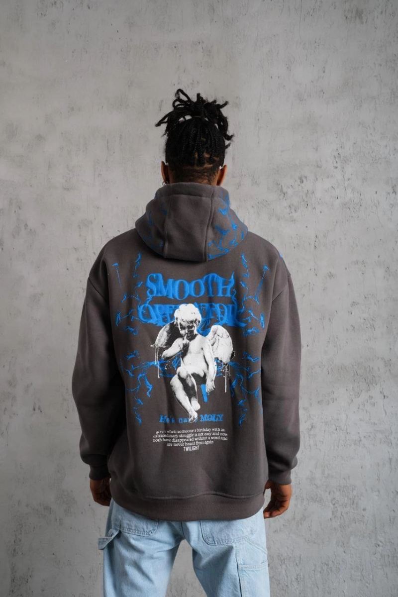 Erkek 3 İplik Pamuklu Kapüşonlu Baskılı Cepli Oversize Sweatshirt Hoodie - Gri