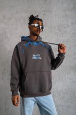 Erkek 3 İplik Pamuklu Kapüşonlu Baskılı Cepli Oversize Sweatshirt Hoodie - Gri
