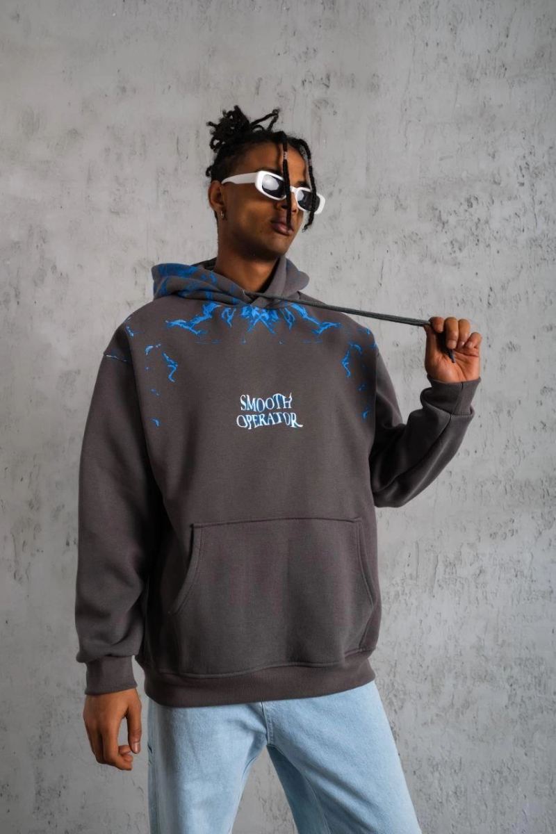 Erkek 3 İplik Pamuklu Kapüşonlu Baskılı Cepli Oversize Sweatshirt Hoodie - Gri