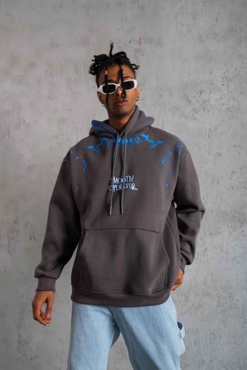 Erkek 3 İplik Pamuklu Kapüşonlu Baskılı Cepli Oversize Sweatshirt Hoodie - Gri