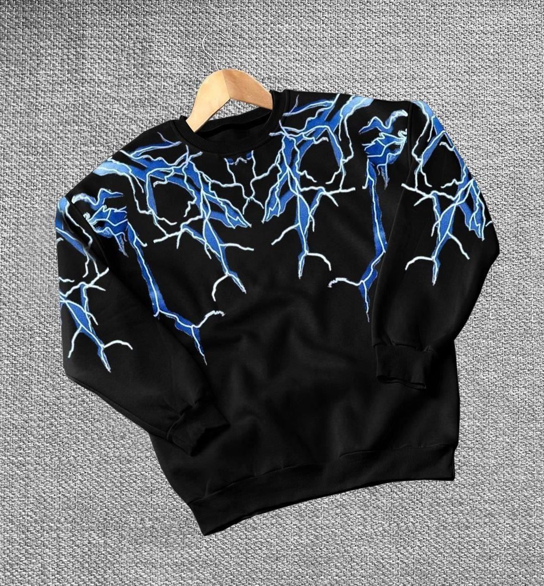 Erkek Yıldırım Baslılı Bisiklet Yaka 3 iplik pamuklu Sweatshirt - Siyah