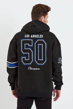 Erkek 3 İplik Pamuklu Kapüşonlu Baskılı Cepli Oversize Sweatshirt Hoodie - Siyah