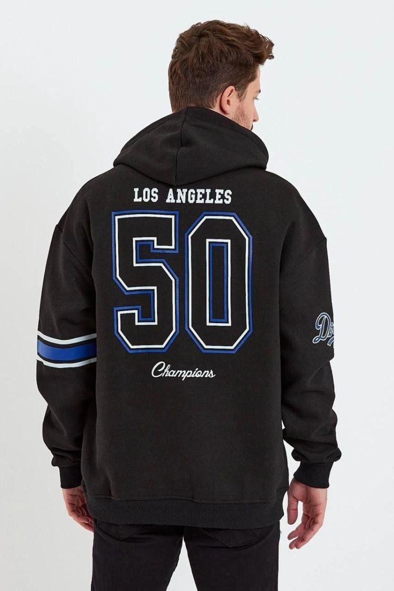 Erkek 3 İplik Pamuklu Kapüşonlu Baskılı Cepli Oversize Sweatshirt Hoodie - Siyah
