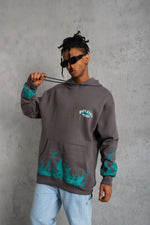 Erkek 3 iplik Pamuklu Alev Baskılı Kapüşonlu hoodie Sweatshirt - Gri