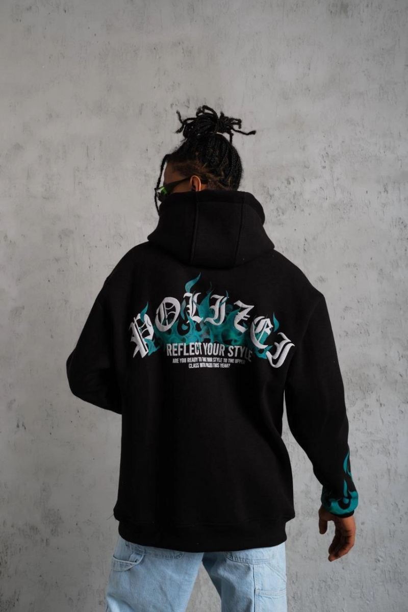 Erkek 3 İplik Pamuklu Alev Baskılı Kapüşonlu hoodie Sweatshirt - Siyah