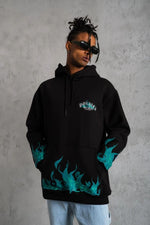 Erkek 3 İplik Pamuklu Alev Baskılı Kapüşonlu hoodie Sweatshirt - Siyah
