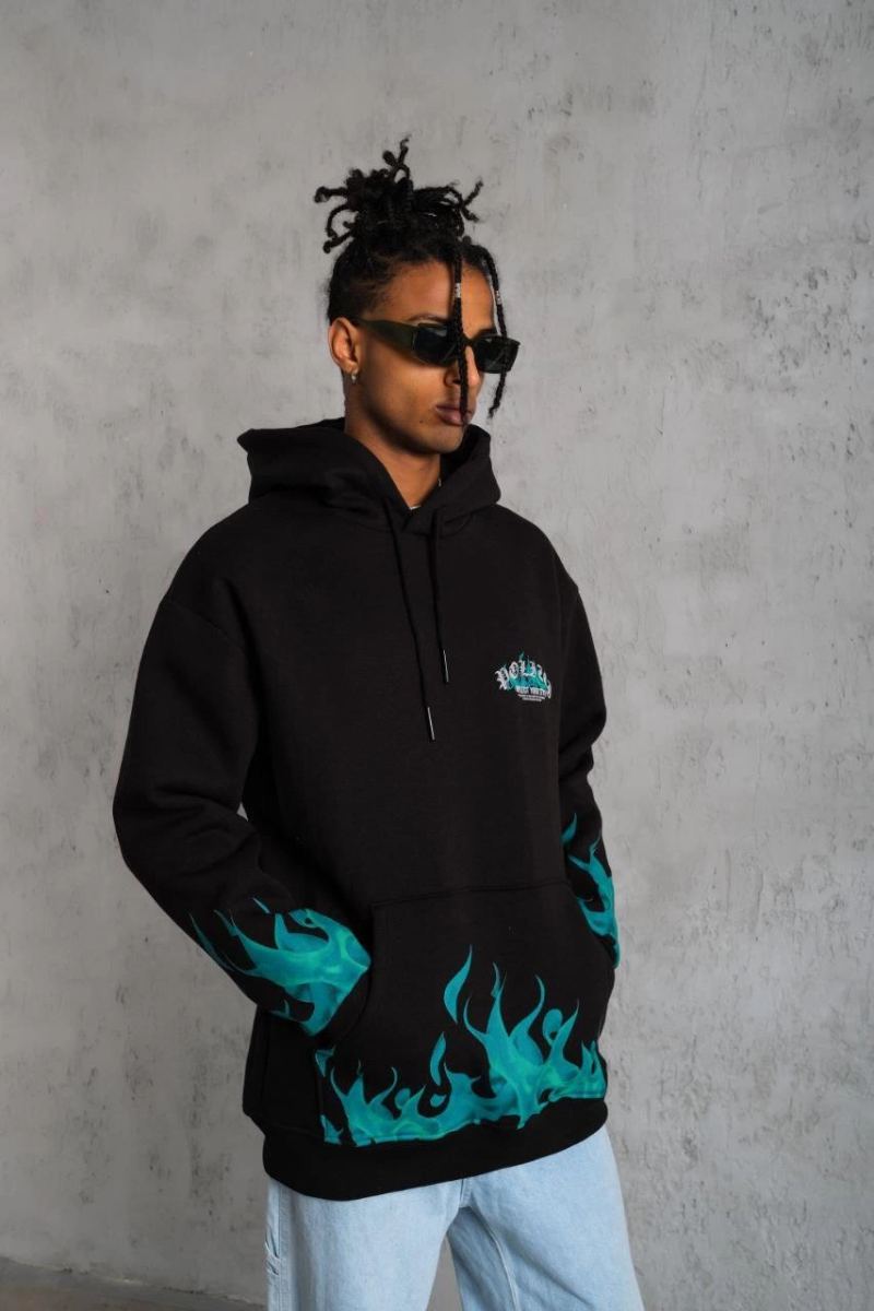 Erkek 3 İplik Pamuklu Alev Baskılı Kapüşonlu hoodie Sweatshirt - Siyah