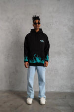 Erkek 3 İplik Pamuklu Alev Baskılı Kapüşonlu hoodie Sweatshirt - Siyah