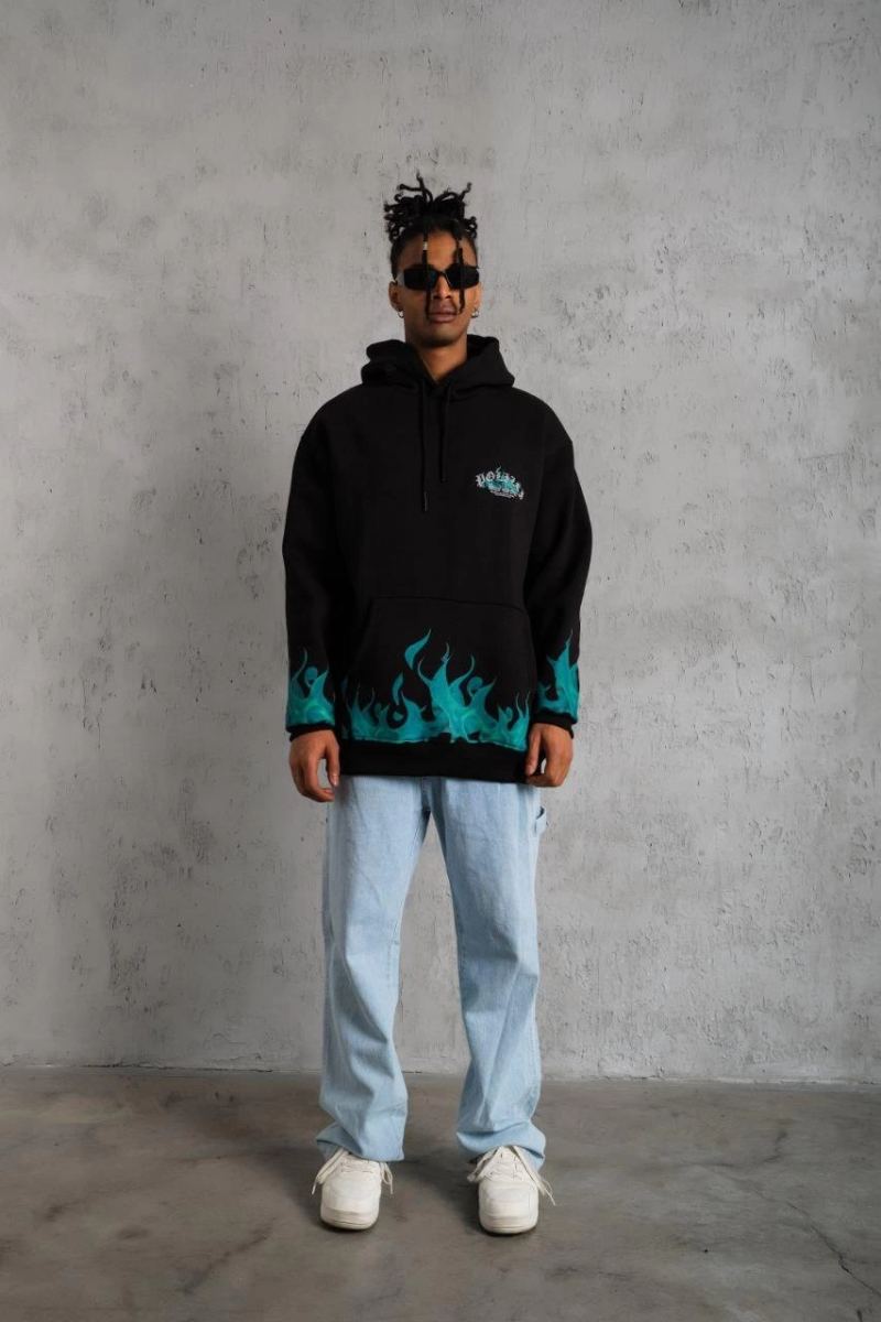 Erkek 3 İplik Pamuklu Alev Baskılı Kapüşonlu hoodie Sweatshirt - Siyah